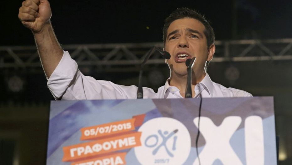 Greek Prime Minister Alexis Tsipras delivers a speech at an anti-austerity rally in Syntagma Square in Athens, Greece, July 3, 2015. Tsipras rejects claims that Greeks will be deciding on their future in the euro zone in a referendum on Sunday, saying neg